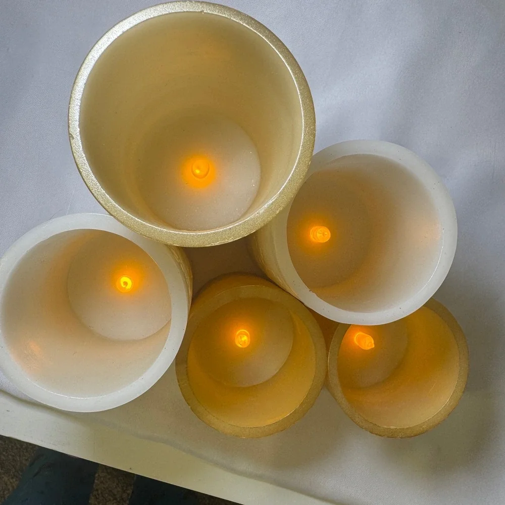 Gold Flameless LED Pillar Candle Set of 5 Glitter Tree & Textured Metallic Decor